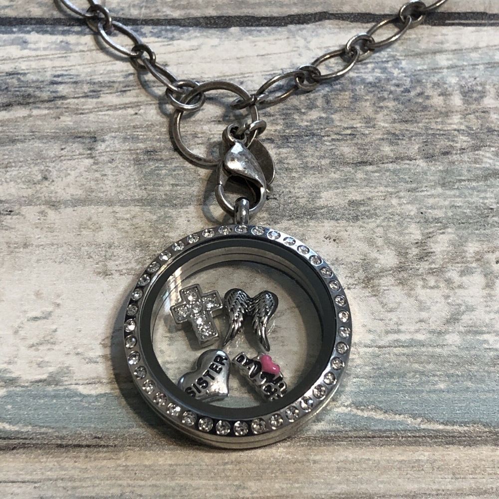 Origami Owl Silver Locket Pendant Necklace Charms Cross Wings Sister Dance Chain